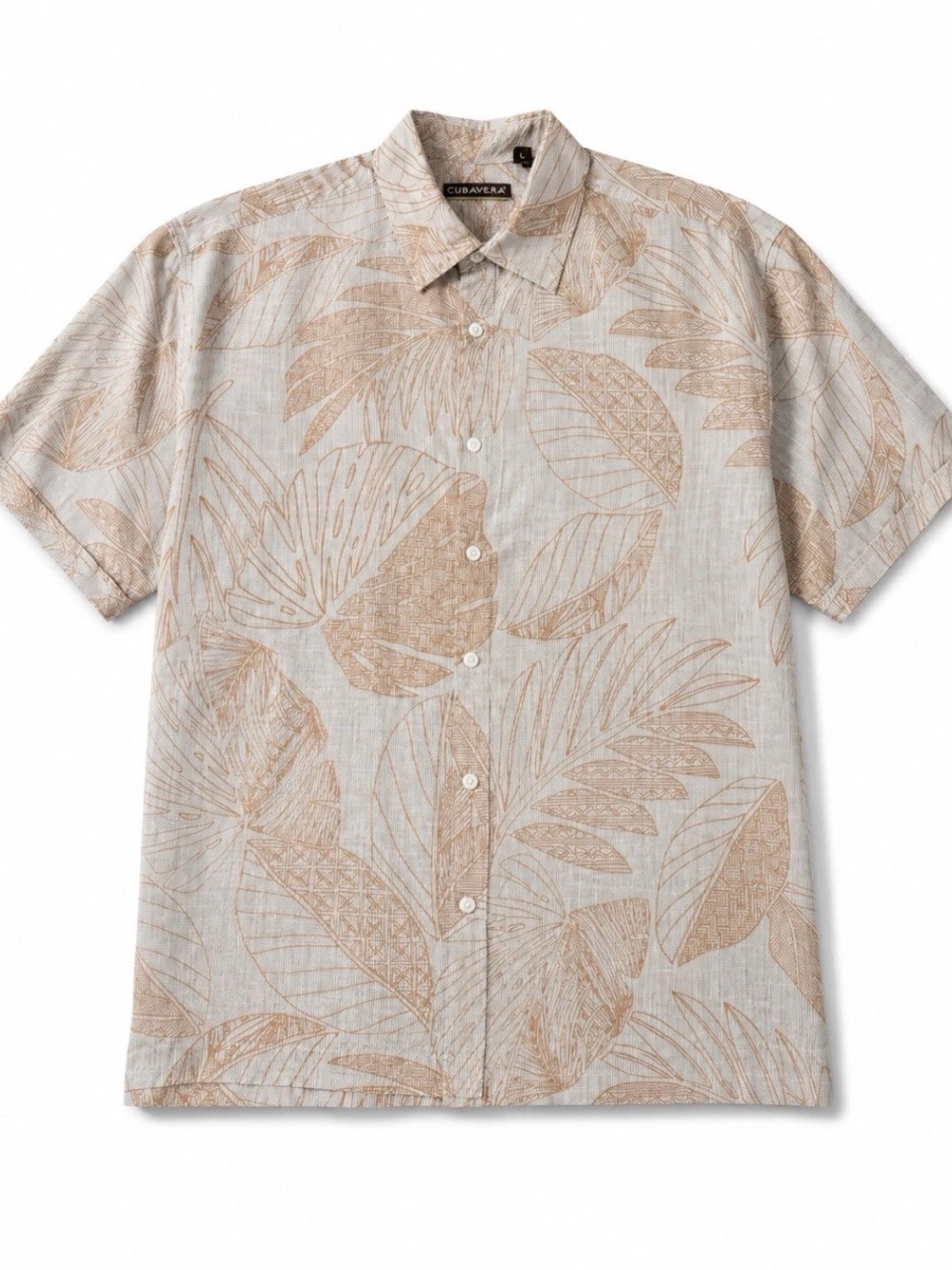 Cubavera Beige Leaf-Print Short Sleeve Button-Down Shirt